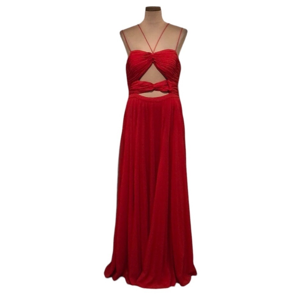 AMUR Lana Gown Size 14 Red Cut Out Pleated Strappy Caged Formal Maxi Dress